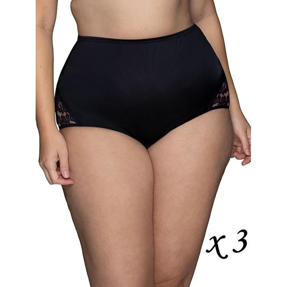 3 Pairs Vanity Fair High Waist Full Coverage Lace Inset Briefs #13001 Black - 5